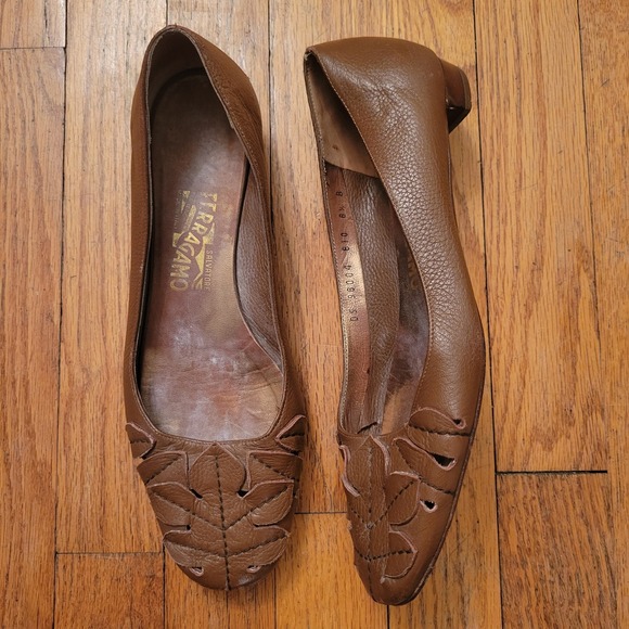Salvatore Ferragamo Shoes - Salvatore Ferragamo Leather Leaf Cutout Ballet Flats 8.5B Brown Earthy Granola